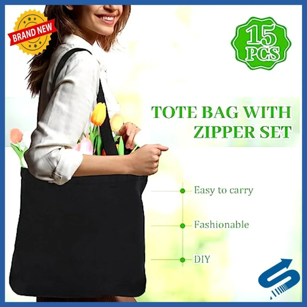 Canvas Tote Bags Bulk Plain Zipper Handles Reusable Grocery DIY Handbag